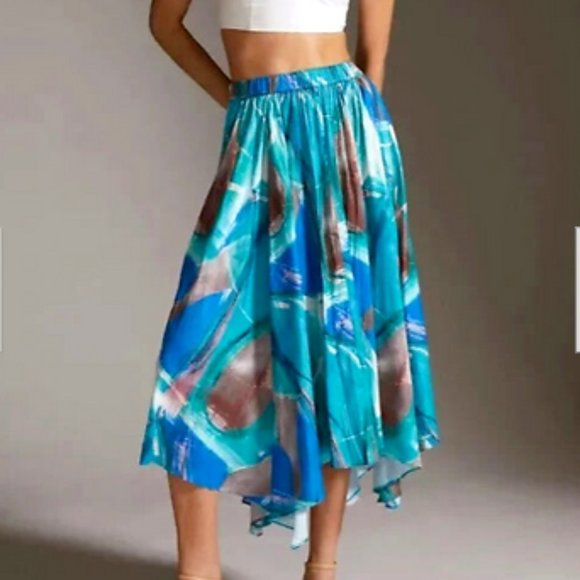 NEW Anthropologie 1X Sleek A-Line Midi Skirt Handkerchief Hem Blue Abstract